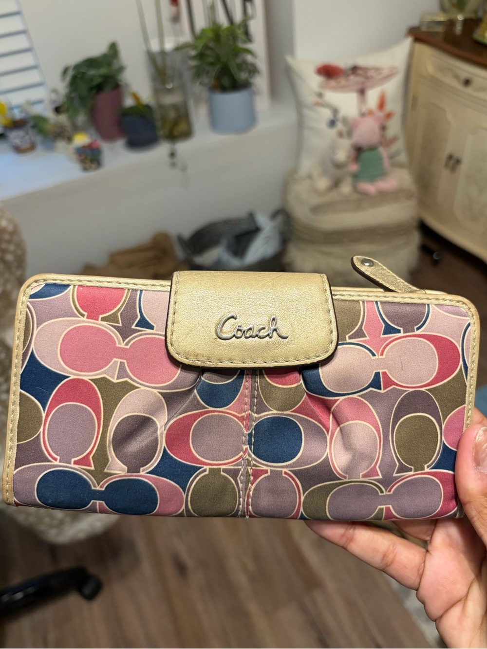 Y2K Coach Pink, Olive, Lavender & Navy Blue Signature Canvas Wallet w/ Gold Trim